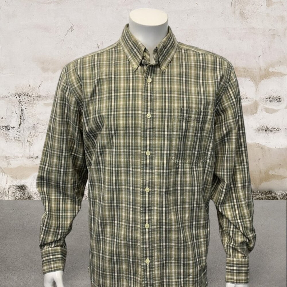 Eddie Bauer Relaxed Fit Tan Green Plaid Long Sleeve Men's Cotton Shirt Large